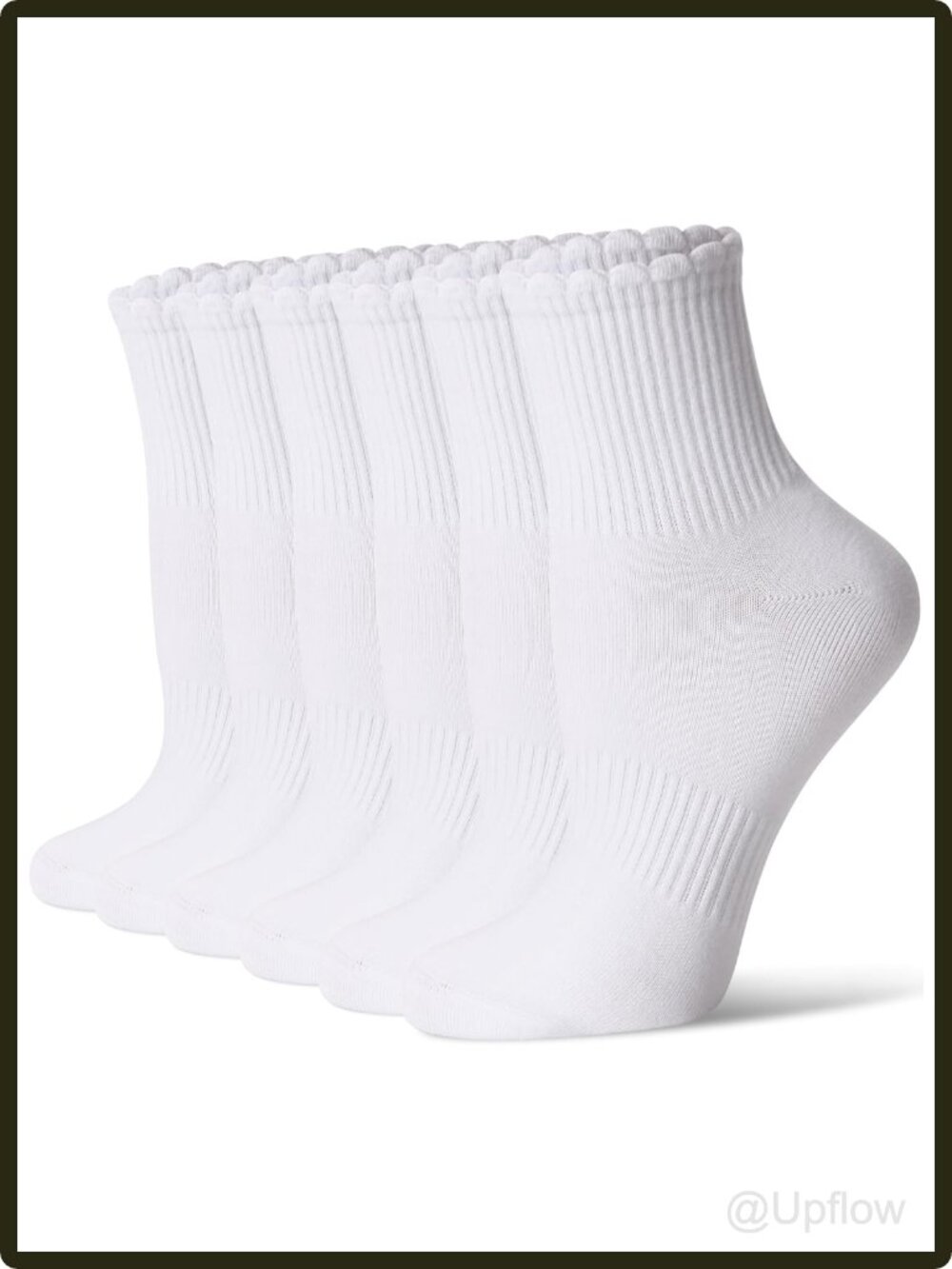 Women's Cotton Mini Crew Ankle Socks Scalloped Top Seamless Toe 6 Pack Casual